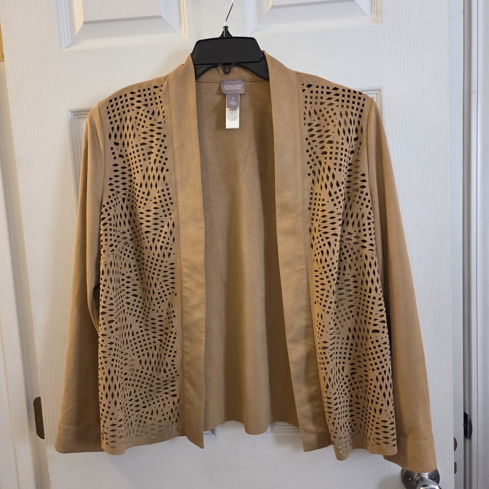 Chico's sz 1 cutout lightweight faux suede open front cardigan jacket boho chic
